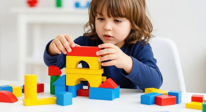 Engrossed toddler creating a colorful tower with wooden building blocks at home or preschool