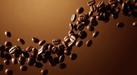 Obraz premium Floating symphony of aromatic coffee beans on a warm, inviting chocolate background creates a rich