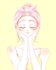 ヘアバンドをしたお団子頭の女性　目を閉じる　顔に手