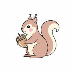 Cute cartoon squirrel with rosy cheeks and a bushy tail holding a large acorn.