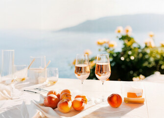 Rosé Wine and Peaches Still Life Outdoors