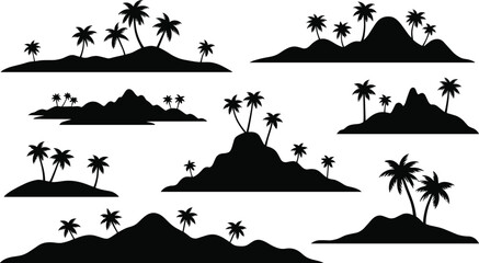Tropical island silhouette set with palm trees and hills, exotic paradise landscape illustrations, isolated black vector icons for beach scene, summer travel, and vacation design