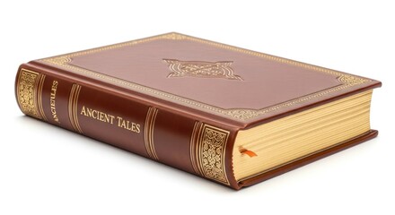 Vintage leather-bound tome with intricate gold detailing and aged pages symbolizing ancient