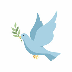 A stylized light blue peace dove flying gracefully while carrying a green olive branch in its beak.
