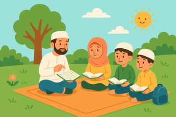 Flat illustration of Muslim family reading Quran together. Great for Islamic education, Ramadan, and family values themes.