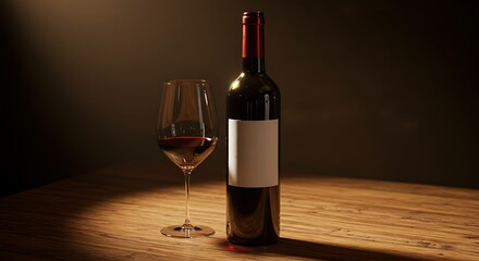 Mockup bottle of red wine and glass on a wooden table commercial usage