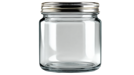 Empty Clear Glass Jar with Silver Lid Cylindrical Shape.