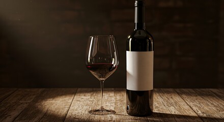 Mockup bottle of red wine and glass on a wooden table commercial usage