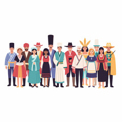 Fototapeta premium Illustration of a diverse, multicultural community standing together in colorful traditional folk costumes.