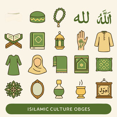 Flat vector illustration of Islamic objects and symbols including lanterns, clothes, Quran, and Arabic calligraphy for decorative and educational designs.
