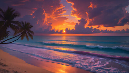sunset at the beach Sunset over the ocean beach with colorful sky and waves