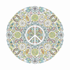 Intricate watercolor hippie mandala with a central peace sign, dreamcatchers, and feathers.