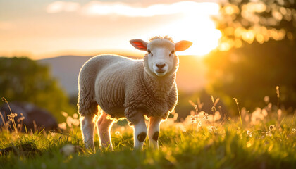 Obraz premium Portrait Of A Sheep Standing In A Green Grassy Field During Sunset With Golden Light And Mountains In The Background