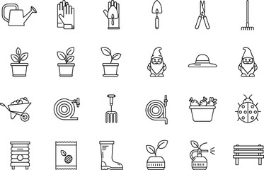 Gardening tools and supplies icons set with watering can, gloves, shovel, rake, shears, potted plants, wheelbarrow, hose, gnome, hat, seeds, boots
