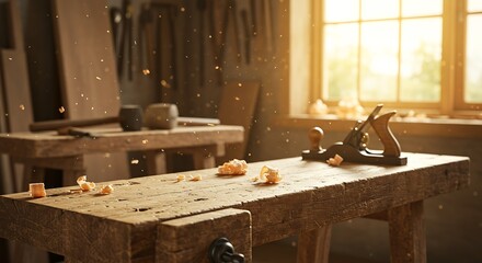 Mockup woodworking workbench with planer and wood shavings in sunlight commercial usage