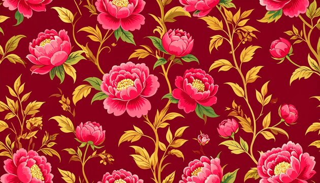 Fototapeta Stunning Floral Pattern with Pink Peonies japanese pattern