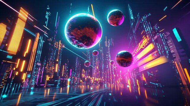 Futuristic city lightscape with vibrant neon colors and motion blur.