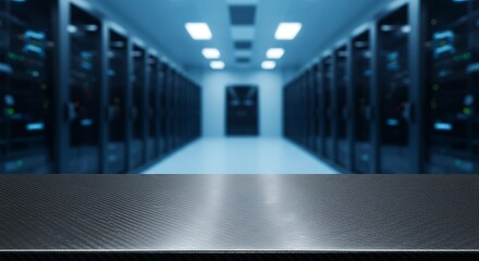 Mockup modern server room with rows of computer racks and blue lighting commercial usage