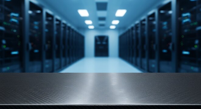 Mockup modern server room with rows of computer racks and blue lighting commercial usage - Powered by Adobe