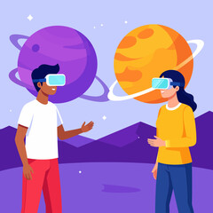 A young man and woman wearing virtual reality headsets interact within a futuristic metaverse, surrounded by cosmic planets and a purple landscape.