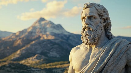 Obraz premium Ancient statue with mountain landscape backdrop 