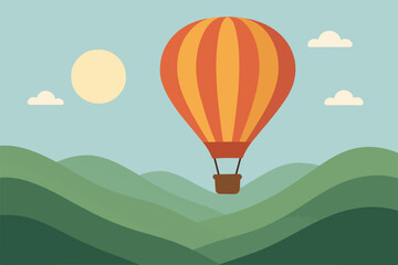 Obraz premium Hot Air Balloon in Vibrant Sky Over Peaceful Green Hills and Sun