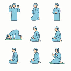 Step-by-step flat art vector illustration of Muslim man performing Salah prayer movements.