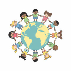 Diverse Cartoon Children Holding Hands Around Planet Earth in Unity