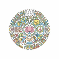 Colorful circular line art illustration symbolizing global peace, unity, and cultural diversity with various icons.