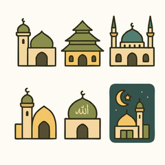 Ilustrasi vektor ikon masjid bergaya flat art, cocok untuk desain poster Ramadan, Idul Fitri, dan konten Islami digital.