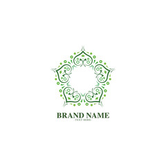 Modern Organic Ornamental Floral Circle Green Frame Logo Template Design
