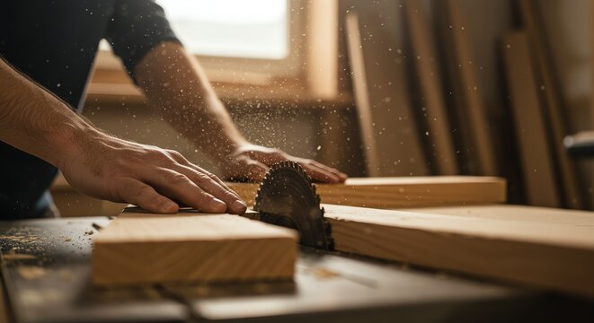Woodworking with circular saw and sawdust