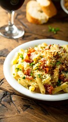 Creamy pasta dish with bacon and bread crumbs