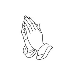 Clasped praying hands in a simple black outline style with cuffed sleeves. PNG Transparent