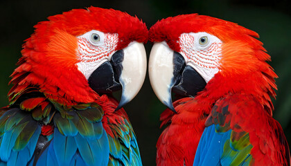 Two Red Macaws Face To Face With Detailed Colorful Plumage Against a Green Background