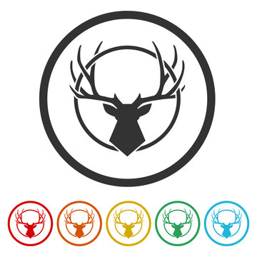 Hunt on deer with cross hairs icon. Set icons in color circle buttons