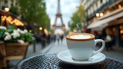 Coffee Cup with Art and Eiffel Tower View in Paris on a Charming Afternoon
