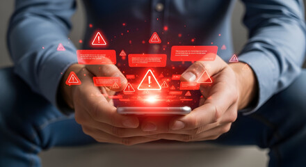 Person using a smartphone with a digital warning alert notification symbol glowing on the screen, indicating caution, risk, or danger.
