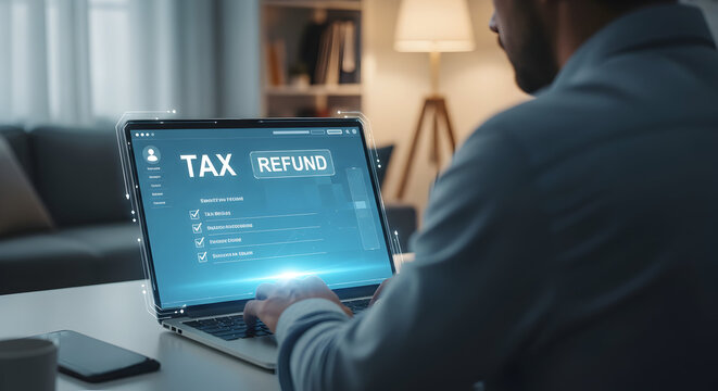 Person working from home on laptop, reviewing tax information online. Financial planning, online banking, remote work, home office, tax season, accounting, budget, finances, digital technology.