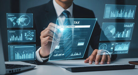 Businessperson analyzing financial data on a futuristic transparent screen, surrounded by holographic charts and graphs, showcasing modern technology in finance.