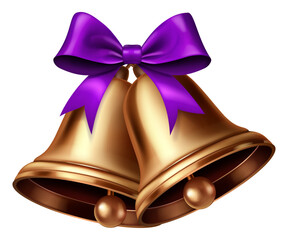 Two vibrant golden Christmas bells with a polished, glossy surface is decorated with a lush purple bow tied at the top, adding a touch of elegance and festivity. Isolated on white background.