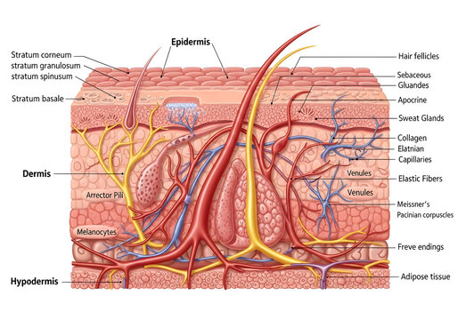 Detailed scientific illustration of human skin cross-section showing epidermis, dermis, and hypodermis layers with labelled structures.