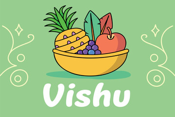 Fototapeta premium A yellow bowl overflowing with pineapple grapes and an apple on a light green background with decorative swirls and the word Vishu