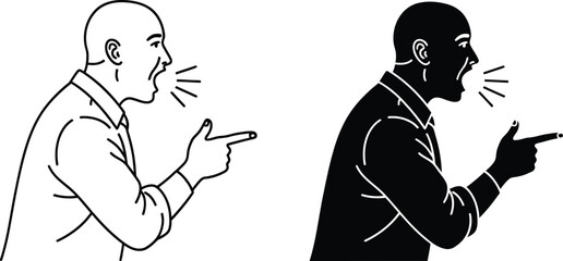 Man shouting and pointing angry person outline illustration