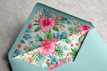 Teal envelope with vibrant floral design