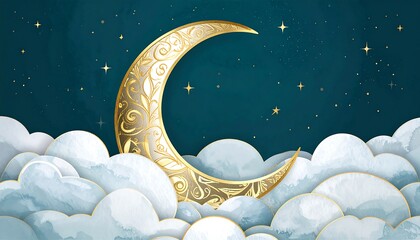 Crescent moon on clouds at night