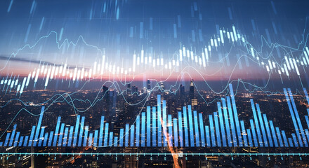 Financial data visualization overlayed on a cityscape at dusk, representing market analysis, investment, and economic trends with digital lines.