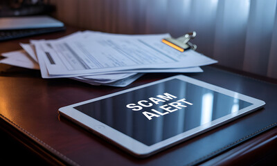 Digital tablet displaying a 'Scam Alert' message surrounded by stacks of paperwork, representing online fraud and financial security.