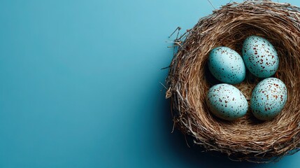 Bird nest with eggs on solid blue background, web banner with left copy space for ecological websites, spring campaigns and nature education.