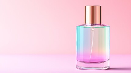 Naklejka premium Iridescent Perfume Bottle Pastel Pink Background Elegant Fragrance Cosmetic Product Beauty Modern